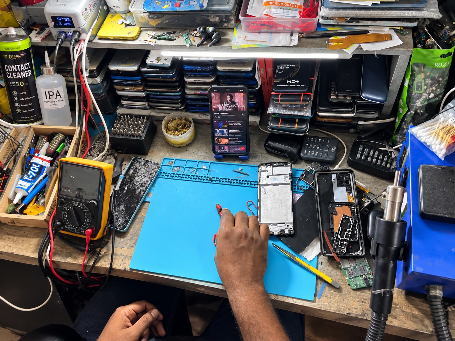 Real technician mobile repair workstation and diagnostics bench at Cell Star Erode